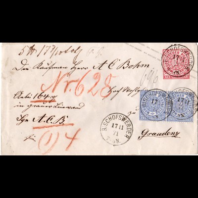 NDP 1871, Paar 2 Gr. auf 1 Gr. Ganzsache als Paket Brief v. K1 BISCHOFSWERDER