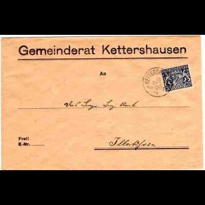 Bayern 1919, 20 Pf. Dienst auf Gemeinderat Brief m. K1 Kettershausen. Geprüft.