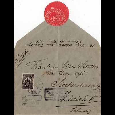 Türkei 1917, 2 Pia. Käfer Aufdruck auf Reko Zensur Brief v. PERA i.d. Schweiz