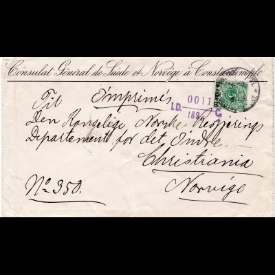 D.P. Türkei 1895, EF 10 P/5 Pf au Drucksache Brief v. Constantinopel n. Norwegen