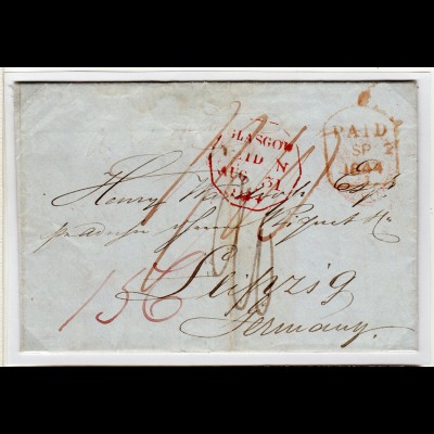 GB 1844, Teilfranco Brief v. Glasgow m. London PAID n. Leipzig Sachsen