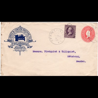 USA 1900, 3 C. auf 2 C. Ganzsache Brief v. Springfield m. Zudruck Dreh Maschine