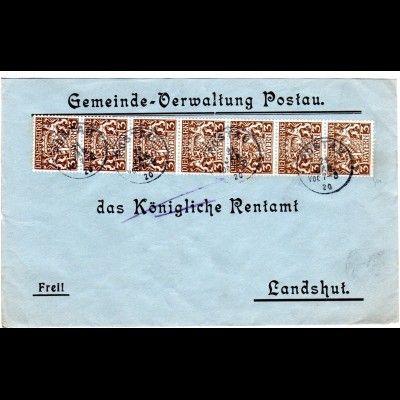 Bayern 1920, MeF 7x3 Pf. Dienst auf Gemeinde Brief v. POSTAU. Geprüft.