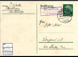 DR 1939, Landpost Stpl. PLANTLÜNNE über Salzbergen auf 6 Pf. Ganzsachenkarte