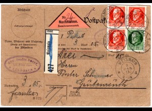 Bayern 1915, 5+3x10 Pf. Friedensdruck auf NN-Paketkarte v. Weismain. Geprüft.