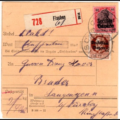Bayern 1919, 75+80 Pf. auf Einschreiben-Paketkarte v. FISCHEN. Geprüft