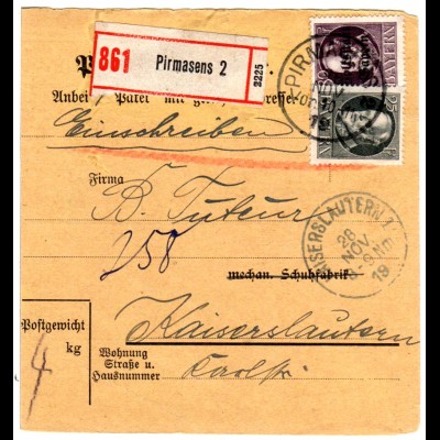 Bayern 1919, 25+80 Pf. Volksstaat auf Reko-Paketkarte v. PIRMASENS. Geprüft