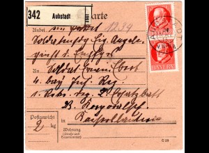 Bayern 1915, MeF 2x10 Pf. Friedensdr. auf Soldaten-Paketkarte v. AUBSTADT. Gepr.