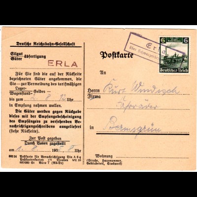 DR 1935, Landpost Stpl. ERLA über Schwarzenberg auf Bahn Karte m. 6 Pf. Dampflok