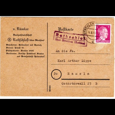 DR 1944, Landpost Stpl. ROTHSCHLOß über Strehlen auf Karte m. 6 Pf. 