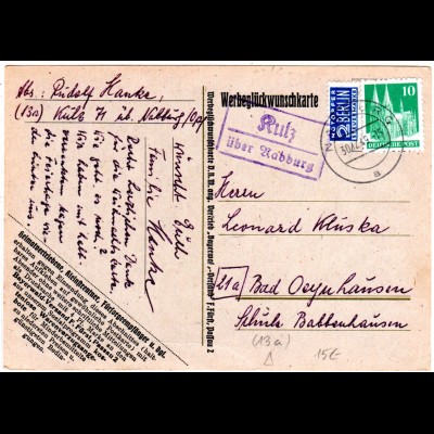 BRD 1949, Landpost Stpl. KULZ über Nabburg auf Karte m. 10 Pf.+2 Pf. Notopfer