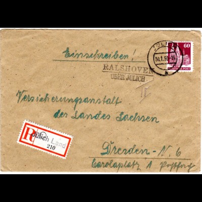 BRD 1950, Landpost Stpl. RALSHOVEN über Jülich auf Einschreiben Brief m. 60 Pf.