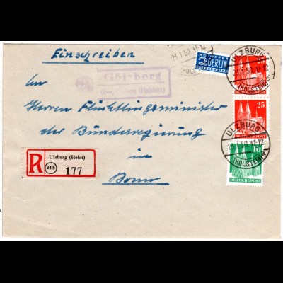 BRD 1950, Landpost Stpl. GÖTZBERG über Ulzburg auf Einschreiben Brief 