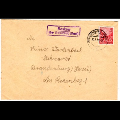 DDR 1956, Landpost Stpl. ROSKOW üb. Brandenburg (Havel) auf Brief m. 20 Pf.