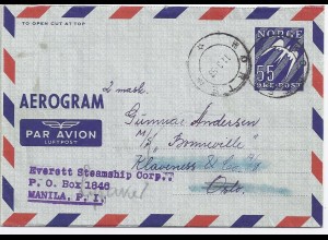 Norwegen Philippines 1953, 55 öre aerogramm Ganzsache Brief v. Horten. #1616