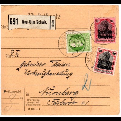 Bayern 1920, 5+ Germania Freistaat 40+80 Pf. auf Paketkarte v. NEU-ULM