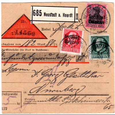 Bayern 1920, 60+Freistaat 10+80 Pf. auf Nachnahme Paketkarte v. NEUSTADT Haardt