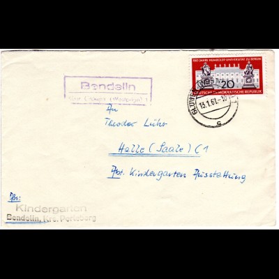 DDR 1961, Landpost Stpl. BENDELIN üb. GLÖWEN auf Brief m. 20 Pf.