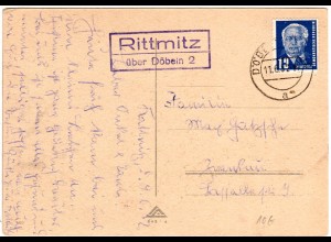 DDR 1952, Landpost Stpl. RITTMITZ über Döbeln 2 auf Karte m. 12 Pf.
