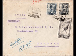 Spanien 1948, 1 P.+50 C. auf Reko Brief v. San Sebastian m. Spendenmarke 
