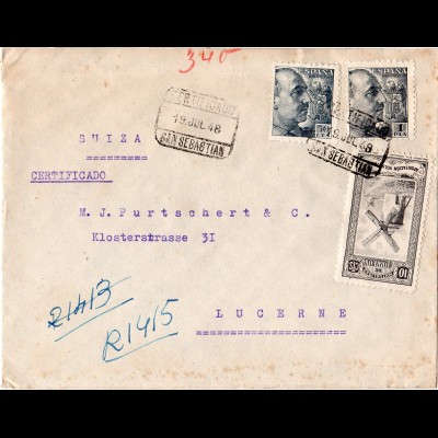 Spanien 1948, 1 P.+50 C. auf Reko Brief v. San Sebastian m. Spendenmarke 