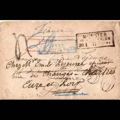 NDP 1871, Feldpost Brief v. Münster m. Porto Nachsendung in Frankreich
