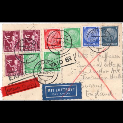 DR 1936, 9 Marken auf Luftpost Eilboten Postkarte v. Köln n. GB
