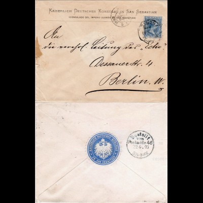Spanien 1893, 25 C. auf Brief Kaiserlich Deutsches Konsulat in San Sebastian 