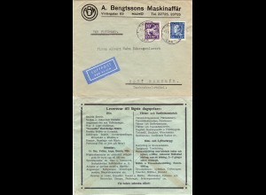 Schweden 1936, 10+30 öre auf Luftpost Firmen Brief v MALMÖ i.d. Tschechoslowakei