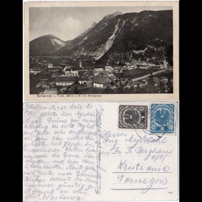 Österreich, Scharnitz Gesamtansicht, 1921 n. Norwegen gebr. sw-AK