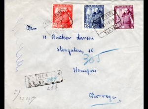 Spanien 1949, 3 Franco Marken auf Einschreiben Brief v. BLANES n. Norwegen