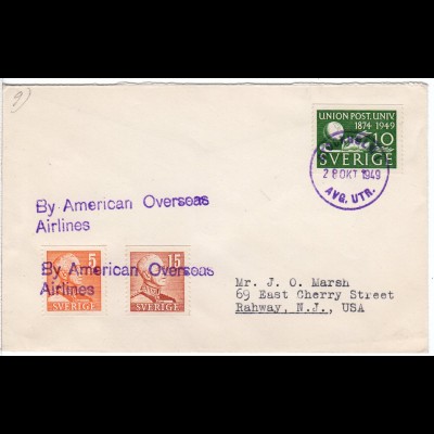 Schweden 1949, By American Overseas Airlines cover from Stockholm to US