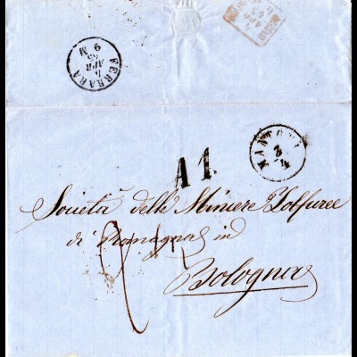 Lombardei u. Venetien 1865, K1 MANTOVA u. A1 auf Porto Brief i.d. Kirchenstaat