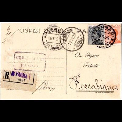 Italien 1929, 30+60 C. auf Einschreiben Postkarte v. PARMA No.1 OLTRE TORRENTE