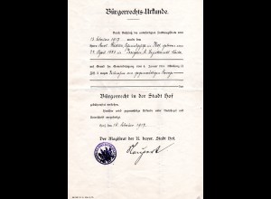 Hof 1917, Bürgerrechts-Urkunde WK I m. Siegelstempel u. Unterschrift