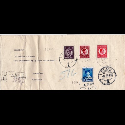 Rumänien 1930, 4 Marken auf Einschreiben Brief v. CLUJI n. Norwegen