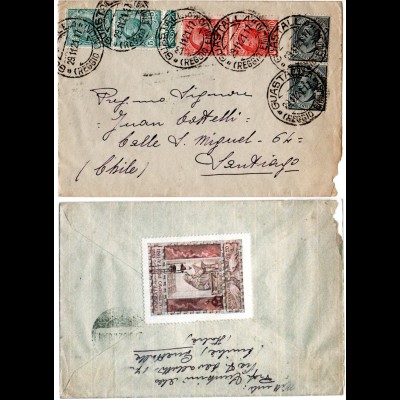 Italien 1921, 5+10+15 C. je im Paar auf Brief v. GUASTALLA n. Chile