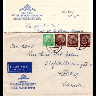 DR 1939, 5+3x10 Pf. auf Luftpost Hotel Brief v. Bad Nauheim n. Schweden