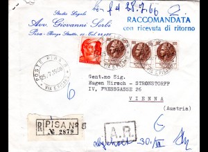 Italien 1966, 4 Marken auf Reko-AR Brief v. Pisa n. Österreich