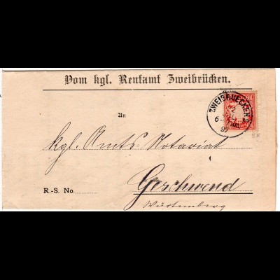 Bayern 1897, K1 ZWEIBRUECKEN auf Amtsbrief m. 10 Pf. n. Geschwend Württemberg