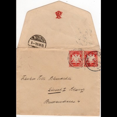 Bayern 1904, 2x10 Pf. (versch. Farben!) auf Brief v. Würzburg i.d. Schweiz