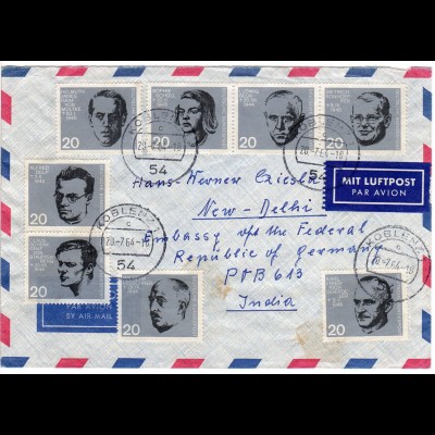BRD 1964, alle 8 Blockmarken kpl. auf Luftpost Brief v. Koblenz n. Indien. FDC!