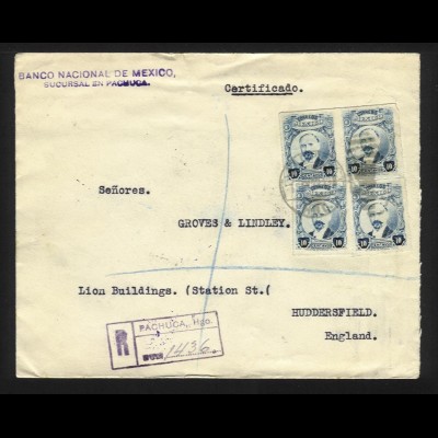Mexico GB 1922, Einschreiben Brief v. Pachuca m. 4mal 10 Cvos. #1182