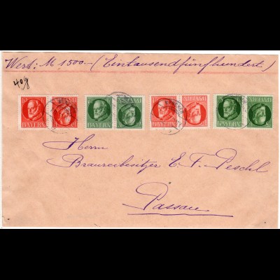 Bayern 1917, 4 Kehrdruck Paare auf Wert Brief Vorderseite v. München