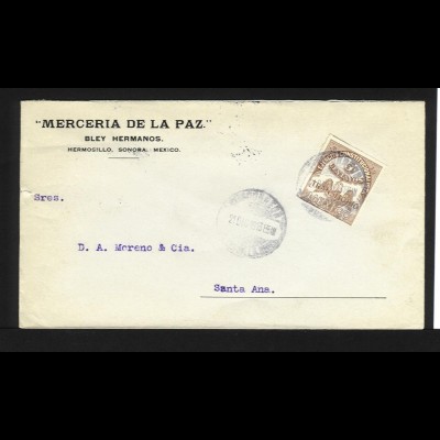 Mexico 1913, Transitorio 5 Cvos. auf gelaufenem Firmen Brief n. Santa Ana.#1181