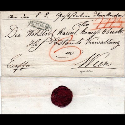 Österreich 1832, grünlicher Zierstpl. NEUNKIRCHEN klar auf Brief n. Wien