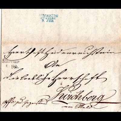 Österreich 1844, L2 SCHREMS klar auf Brief n. Kirchberg am Walde
