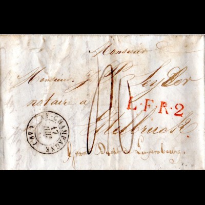  Frankreich 1847, Brief v. Ay-Champagne n. Luxembourg m. LFR2 u. Porto 40 C.