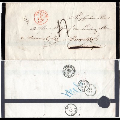 NL 1863, gesiegelter Trauerbrief v. ARNHEM n. Antwerpen, Nachsendung n. Brüssel