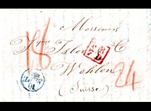 Frankreich 1836, Verrechnungs-R2 FR7D auf Porto Brief v. Paris i.d. Schweiz